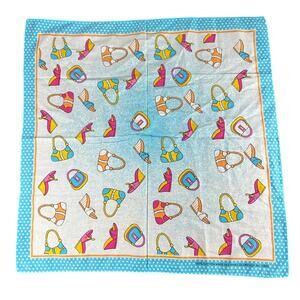 Ladies Vtg Cotton Square  Scarf 21x21- Polka Dots- Shoes Purse- Blue Pink Orange
